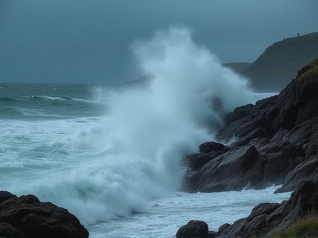 荒々しい海岸に打ち寄せる波と暗い嵐の空
