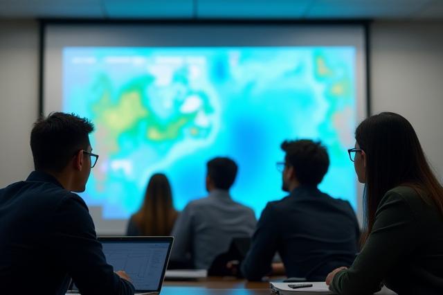 気象学の講座で生徒がスクリーンを見ている様子